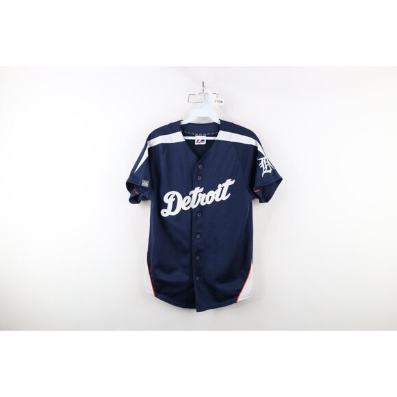Vintage Majestic Boys Large Spell Out Script Detroit Tigers Baseball Jersey Blue
